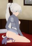  1girl ass breasts dress high_heels long_hair necromalock nipples rwby small_breasts solo weiss_schnee white_hair 