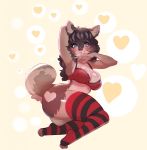  2019 anthro black_nose blue_eyes blush bra breasts clothing digital_media_(artwork) female fur hair hi_res higgyy legwear looking_at_viewer mammal simple_background sitting smile solo thigh_highs tongue tongue_out underwear 