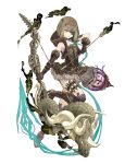  1girl arm_tattoo arrow asymmetrical_gloves bare_shoulders belt birdcage bone boots bow_(weapon) brown_hair cage dress elbow_gloves eyepatch fangs flat_chest frilled_dress frills full_body gloves green_eyes gretel_(sinoalice) hansel_(sinoalice) high_heels holding holding_weapon hood hood_down ji_no kneehighs looking_at_viewer official_art scales sinoalice snake solo tattoo thigh_strap transparent_background weapon 
