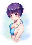  1girl bangs blue_background blue_bikini_top blunt_bangs blush breasts cleavage collarbone cropped_torso eromanga_sensei eyebrows_visible_through_hair gradient gradient_background halterneck highres looking_at_viewer medium_breasts purple_eyes purple_hair senju_muramasa shiny shiny_hair shiny_skin short_hair sideboob smile softwareworker upper_body white_background 