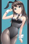  1girl animal_ears black_hair black_legwear black_leotard black_neckwear blue_background breasts bunny_ears bunny_girl bunnysuit commentary_request cowboy_shot detached_collar frown green_eyes highres idolmaster idolmaster_cinderella_girls leotard looking_at_viewer medium_breasts necktie pantyhose pataniito shibuya_rin solo standing strapless strapless_leotard two-tone_background wrist_cuffs 