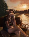  anthro bench bottomwear breasts canid canine canis cleavage clothed clothing crossed_legs female hi_res mammal nature outside sad shorts sitting solo taurus_(artist) wolf 