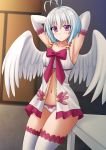  1girl angel_wings antenna_hair armpits arms_behind_head arms_up babydoll blue_hair blush bow breasts closed_mouth collarbone cowboy_shot elbow_gloves eyebrows_visible_through_hair feathered_wings fitoria_(tate_no_yuusha_no_nariagari) gloves gradient_hair highres indoors kazenokaze leaning_on_object light_frown multicolored_hair navel panties purple_bow purple_eyes silver_hair small_breasts solo table tate_no_yuusha_no_nariagari thighhighs underwear underwear_only white_gloves white_legwear white_panties white_wings wings 