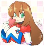  1girl android bangs blush box brown_hair capcom cropped_torso dated gloves green_eyes hair_between_eyes heart-shaped_box holding iris_(rockman_x) long_hair patterned_background rockman rockman_x rockman_x2:_soul_eraser signature smile solo tobitori upper_body valentine white_gloves 