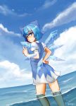  1girl absurdres artist_name ass blue_bow blue_eyes blue_hair blue_sky bow castyx cirno cloud day dress hair_bow highres ice ice_wings outdoors short_hair short_sleeves sky smile solo standing touhou v water wings 