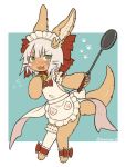  1other ambiguous_gender animal_ears apron bell bell_collar blush bow collar cosplay eyebrows_visible_through_hair fate/grand_order fate_(series) flying_sweatdrops frying_pan furry kawasemi27 long_hair made_in_abyss maid_headdress naked_apron nanachi_(made_in_abyss) open_mouth solo tail tamamo_(fate)_(all) tamamo_cat_(fate) tamamo_cat_(fate)_(cosplay) whiskers white_hair yellow_eyes 