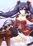  1girl alternate_costume artist_name bangs binato_lulu black_hair boots breasts choujigen_game_neptune cleavage collar collarbone commentary_request cosplay detached_sleeves dress eyebrows_visible_through_hair gauntlets granblue_fantasy hair_between_eyes hair_ribbon hand_on_own_thigh hand_rest imai_asami looking_at_viewer medium_breasts neptune_(series) noire red_eyes ribbon seiyuu_connection shiny shiny_hair sitting smile solo strapless strapless_dress thighhighs twintails vira_lilie vira_lilie_(cosplay) 