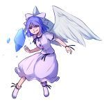  1girl bangs blue_eyes boots bow commentary english_commentary evil_smile eyebrows_visible_through_hair full_body hair_between_eyes hair_bow ice looking_at_viewer mai_(touhou) medium_hair parted_lips puffy_short_sleeves puffy_sleeves purple_eyes shirt short_sleeves simple_background skirt skirt_set smile smirk solo speckticuls touhou touhou_(pc-98) v-shaped_eyebrows white_background white_bow white_shirt white_skirt white_wings wings 