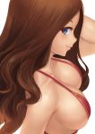  1girl bangs bare_shoulders blue_eyes blush breasts brown_hair cleavage closed_mouth collarbone fate/grand_order fate_(series) highres large_breasts leonardo_da_vinci_(fate/grand_order) long_hair looking_at_viewer parted_bangs ranma_(kamenrideroz) red_bikini_top simple_background smile solo white_background 