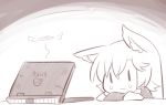  1girl animal_ear_fluff animal_ears asus bangs broken commentary computer crossed_arms crying crying_with_eyes_open english_commentary giving_up_the_ghost hair_between_eyes halo imaizumi_kagerou laptop long_hair long_sleeves monochrome portrait solo tears touhou wolf_ears wool_(miwol) |_| 