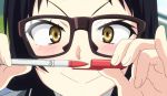  1girl animated animated_gif black_hair blush glasses hands kajou_ayame looking_at_viewer nail nails pen pencil pervert playing shimoneta_to_iu_gainen_ga_sonzai_shinai_taikutsu_na_sekai shirt smile solo yellow_eyes 