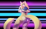  2017 anthro blonde_hair blue_eyes blush bottomless breasts butt cheese_quesadilla clothed clothing domestic_cat felid feline felis female hair hi_res long_hair looking_at_viewer mammal nipples shirt smile solo standing topwear watsup wide_hips 