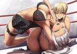  2girls artoria_pendragon_(all) artoria_pendragon_(lancer)_alter ass bikini blonde_hair blush boots bow_and_arrow breasts dark_skin fate/grand_order fate_(series) high_heel_boots high_heels highres jeanne_d&#039;arc_(fate) jeanne_d&#039;arc_alter multiple_girls one_eye_closed pack_er_5 ryona swimsuit tongue white_hair wince wrestling yellow_eyes 