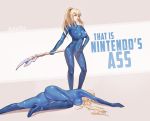  2girls ass avengers:_endgame azto_dio blonde_hair blue_bodysuit bodysuit breasts dual_persona high_ponytail highres impossible_bodysuit impossible_clothes long_hair looking_at_viewer metroid mole mole_under_mouth multiple_girls nintendo parody polearm ponytail samus_aran shiny shiny_clothes skin_tight smile spear super_smash_bros. weapon zero_suit 
