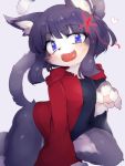  &lt;3 4_fingers anthro blue_eyes blush bottomless clothed clothing compression_artifacts cute_fangs domestic_cat felid feline felis female fur grey_fur grey_hair hair hi_res hoodie htg92 kemono kneeling looking_at_viewer mammal open_mouth pawpads simple_background solo tongue white_background white_fur 