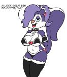  2019 anthro breasts clothing digital_media_(artwork) english_text female fifi_la_fume fur hair hi_res looking_at_viewer maid_uniform mammal mephitid mr.under open_mouth purple_fur purple_hair ribbons simple_background skunk smile solo text tiny_toon_adventures uniform warner_brothers white_fur 