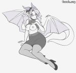  2019 5_fingers absurd_res anthro areola aria_(zkelle) biped bottomwear breasts clothed clothing clothing_lift digital_media_(artwork) dragon ear_piercing eyebrows eyewear female flashing footwear glasses hair hair_bow hair_ribbon hi_res high_heels horn legwear long_hair long_tail looking_at_viewer membranous_wings monochrome nipples pantyhose piercing reptile ribbons scalie shirt shirt_lift shoes simple_background skirt smaller_version_at_source solo thick_tail topwear white_background wings zkelle 