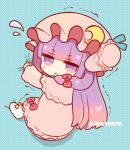 &gt;:( 1girl bangs blue_background blunt_bangs blush blush_stickers bow bun_cover capelet chibi closed_mouth commentary_request crescent crescent_moon_pin dress flying_sweatdrops frown full_body hair_bow hat long_hair long_sleeves looking_at_viewer looking_to_the_side marshmallow_mille mob_cap patchouli_knowledge pink_capelet pink_dress pink_headwear polka_dot polka_dot_background purple_eyes purple_hair red_bow side_bun socks solo touhou trembling twitter_username v-shaped_eyebrows very_long_hair white_legwear 
