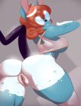  anthro anus azumarill blue_fur breasts butt clothed clothing eyewear female freckles fur galina_petrovic_(threesecondsback) glasses hair hi_res invalid_tag juzztie nintendo pok&eacute;mon pok&eacute;mon_(species) pussy rear_view red_hair solo tattoo video_games white_fur 