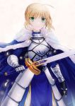  1girl ahoge armor armored_dress artoria_pendragon_(all) blonde_hair blue_cape blue_dress braid breasts cape commentary_request dress excalibur eyebrows_visible_through_hair fate/grand_order fate/stay_night fate_(series) fur_collar fur_trim gauntlets green_eyes hair_ribbon holding holding_sword holding_weapon looking_at_viewer noru_(lila2) ribbon saber short_hair smile solo sword weapon 