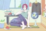  1boy adjusting_shirt barefoot book_stack cup curtains day drinking_glass drinking_straw fan food free! fruit indoors knee_up looking_at_viewer male_focus matsuoka_rin open_mouth red_eyes red_hair rug sharp_teeth shelf shirt sitting sora_(bl190) stuffed_animal stuffed_dolphin stuffed_toy sweat table teeth trash_can watermelon window 