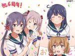 4girls ahoge akebono_(kantai_collection) anniversary bandaid bandaid_on_face banner bell black_hair blue_sailor_collar breast_rest breasts breasts_on_head brown_eyes brown_hair bunny commentary_request confetti crab eyes_closed flower gradient gradient_background hair_bell hair_bobbles hair_flower hair_ornament jingle_bell kantai_collection large_breasts long_hair looking_at_viewer meguru_(megurunn) multiple_girls oboro_(kantai_collection) one_eye_closed pink_eyes pink_hair pointing purple_eyes purple_hair sailor_collar sazanami_(kantai_collection) school_uniform serafuku short_hair short_sleeves side_ponytail smile tongue tongue_out twintails twitter_username upper_body ushio_(kantai_collection) very_long_hair 