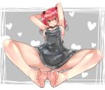  +_+ 1girl apron armpits bangs barefoot breasts cleavage cleavage_cutout eiji_(eiji) eyebrows_visible_through_hair feet feet_together hair_between_eyes heart looking_at_viewer medium_breasts naked_apron original red_eyes red_hair sideboob simple_background sitting smile solo thighs toes twintails 