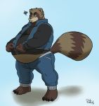  annoyed anthro barefoot belly big_belly brown_fur canid canine claws clothed clothing duly_noted fur male mammal open_jacket overweight overweight_male raccoon_dog ringtail solo standing tanuki toe_claws 