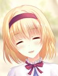  1girl :d alice_margatroid blonde_hair blurry blurry_background brown_hairband capelet eyes_closed hairband head_tilt kisuke1212 neck_ribbon open_mouth portrait red_ribbon ribbon short_hair smile solo touhou white_capelet 