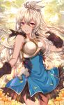  1girl armor bangs bare_arms bare_shoulders black_gloves blue_dress breastplate breasts brown_eyes closed_mouth commentary_request cowboy_shot dress faulds gloves granblue_fantasy hair_between_eyes highres long_hair looking_at_viewer medium_breasts petals silver_hair smile solo standing sweetroad thighs very_long_hair zooey_(granblue_fantasy) 