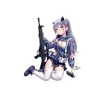  1girl arm_support assault_rifle bangs blush boots bra breasts bullet cartridge closed_mouth cross-laced_footwear fkey garter_straps girls_frontline gloves gun h&amp;k_hk33 hk33_(girls_frontline) holding holding_gun holding_weapon jacket long_hair long_sleeves looking_at_viewer magazine_(weapon) ponytail red_eyes rifle silver_hair simple_background sitting small_breasts solo thighhighs torn_clothes torn_legwear underwear weapon white_background white_bra white_gloves white_legwear yokozuwari 