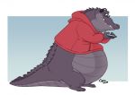 alligator alligatorid anthro belly big_belly bottomless cellphone claws clothed clothing crocodilian eligecos eyewear glasses headphones holding_cellphone holding_object hoodie male overweight overweight_male phone reptile scalie simple_background smartphone smile solo teeth toe_claws 