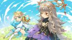  2girls blonde_hair blue_eyes blue_hair blue_sky bug butterfly closed_mouth company_name copyright_name crossover crown dragalia_lost dragon eyes_closed feather_trim fire_emblem fire_emblem_heroes fjorm_(fire_emblem_heroes) flower gradient_hair grass grey_hair hair_ornament insect long_hair long_sleeves multicolored_hair multiple_girls nintendo official_art open_mouth red_eyes sitting sky sleeping veronica_(fire_emblem) 