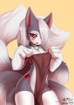  anthro asian_mythology breasts canid canine clothing collar dani_(wolflong) east_asian_mythology female fox fox_spirit hi_res legwear looking_at_viewer mammal mythology nipples open_mouth pussy smile solo standing thigh_highs translucent translucent_clothing wide_hips wolflong 