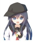  1girl :d akatsuki_(kantai_collection) anchor_symbol collarbone eyebrows_visible_through_hair flat_cap grey_sailor_collar hair_between_eyes hand_on_own_chest hat kantai_collection long_hair long_sleeves looking_at_viewer neckerchief open_mouth purple_eyes purple_hair red_neckwear remodel_(kantai_collection) sailor_collar school_uniform serafuku simple_background smile solo upper_body white_background yoshinao_(yoshinao_0203) 