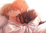  1boy 1girl bed_sheet bite_mark black_jacket borrowed_garments brown_hair collarbone couple dress_shirt eyes_closed french_kiss gintama hand_on_another&#039;s_head jacket kagura_(gintama) kiss long_hair long_sleeves lying okita_sougo on_back orange_hair pillow shirt simple_background szzz_k white_background white_shirt 