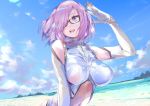  1girl alternate_costume arm_up bare_shoulders black-framed_eyewear blue_sky bodysuit breasts cloud elbow_gloves fate/grand_order fate_(series) glasses gloves hair_over_one_eye high_collar highres horizon kanasebench large_breasts leotard mash_kyrielight navel_cutout ocean pink_hair purple_eyes shore short_hair sky sleeveless_bodysuit water white_bodysuit 