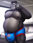  anthro ape belly big_belly big_bulge body_hair bulge clothing dream_and_nightmare eyewear glasses gorilla happy_trail hi_res inside looking_at_viewer male mammal marvel musclegut muscular muscular_male navel nipples pecs primate pubes smile solo underwear 