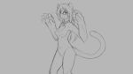  16:9 2019 anthro bell_collar blush breasts chest_tuft collar cute_fangs domestic_cat eyewear felid feline felis female glasses grey_background hair long_hair mammal monochrome navel nipples nude pawpads pussy simple_background smile solo standing tharkis tuft watsup 