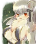  abstract_background anthro asahina_yasuyoshi big_breasts black_ribbon blush breasts domestic_ferret female fur grey_fur grey_hair hair kemono long_hair low_res mammal mustela mustelid musteline open_mouth red_eyes side_boob solo standing under_boob ふくわん 