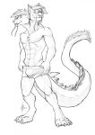  2018 2_heads anthro bulge chest_tuft claws clothed clothing conjoined digitigrade dragon facial_piercing hi_res horn hufnaar male marky_the_dragon monochrome multi_head multifur nose_piercing nose_ring piercing simple_background toe_claws topless tuft underwear 