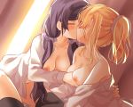  2girls arm_around_waist ayase_eli black_legwear blush breast_grab breasts eyes_closed grabbing hair_ornament hair_scrunchie kiss long_sleeves love_live! love_live!_school_idol_project low_twintails medium_breasts mogu_(au1127) multiple_girls naked_shirt nipples open_clothes open_shirt ponytail purple_hair purple_scrunchie scrunchie shirt sidelocks sweat thighhighs toujou_nozomi twintails white_scrunchie white_shirt yuri 