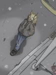  bird&#039;s-eye_view clothed clothing felid feline fully_clothed goldenbuckles high-angle_view k_(goldenbuckles) lynx mammal snow street street_sign 