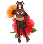  1girl absurdres bangs boots brown_eyes brown_footwear brown_hair brown_jacket brown_shorts camera flower high_heel_boots high_heels highres jacket leggings orange_flower red_flower rwby shorts smile sunnypoppy velvet_scarlatina white_background 