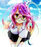  1girl arm_behind_head black_skirt blue_sky blush breasts cleavage cross day glasses gradient_eyes gradient_hair hair_ornament hair_scrunchie halo highres jibril_(no_game_no_life) large_breasts leaning_forward long_hair looking_at_viewer magic_circle mimi0846 multicolored multicolored_eyes multicolored_hair no_game_no_life orange_eyes parted_lips pink_hair scrunchie shirt skirt sky solo symbol-shaped_pupils thighhighs very_long_hair white_legwear white_shirt wing_ears yellow_eyes zettai_ryouiki 