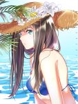  1girl a.i._channel absurdres aqua_eyes blue_bra blue_eyes blue_sky bra breasts brown_hair flower hat highres kizuna_ai lingerie multicolored_hair ocean parted_lips sky straw_hat streaked_hair sun_hat sunlight sunnypoppy underwear virtual_youtuber white_flower 