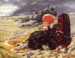  1girl absurdres black_dress breasts character_request cloud cloudy_sky copyright_request dress field fire from_side gauntlets grey_eyes highres looking_to_the_side mecha outdoors puribate_(helgoland) red_hair short_hair sky 
