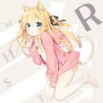  1girl animal_ear_fluff animal_ears black_bow blonde_hair blush bow breasts cat_ears cat_girl cat_tail closed_mouth commentary_request full_body green_eyes hair_bow highres holding holding_pencil hood hood_down hooded_jacket jacket kemonomimi_mode long_hair long_sleeves looking_at_viewer no_shoes open_clothes open_jacket original peko pencil pink_jacket shimotsuki_potofu sleeves_past_wrists small_breasts solo tail tail_raised thighhighs two_side_up very_long_hair white_legwear 