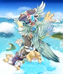  1girl absurdres blue_eyes blue_sky blush_stickers claws cloud feathers flying goggles goggles_on_head greaves highres ibuki_(xenoblade) island looking_at_viewer monster_girl nintendo ocean sky tail xenoblade_(series) xenoblade_2 
