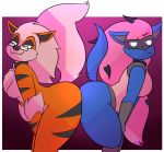  2019 anthro arcanine bent_over big_butt breasts butt canid canine clothing duo eyewear female fluffy heterochromia hi_res huge_butt hybrid looking_back lucario mammal nintendo nude pok&eacute;mon pok&eacute;mon_(species) potoobrigham presenting raised_tail simple_background smile tisha_the_arcanine video_games zoroark 